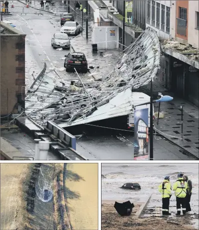  ?? PICTURES: PA WIRE ?? TORN OFF: The roof of a building in Slough High Street was blown off by the wind; above, a flooded ‘B’ road and fields in Christian Malford, Wiltshire, after the River Avon burst its banks; right, a car stranded in the sea in Blackpoo, which was later recovered.