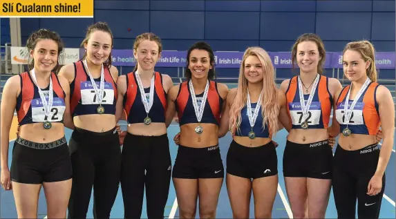  ??  ?? The Slí Cualann team of Aoife Conroy, Rosa Kirwan, Richael Browne, Ara Freeman, Alannah O’Carroll, Alana Ryan, and Katie Lawless after finishing second in the women’s competitio­n at the Irish Life Health National Indoor League finals at the National...