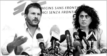  ??  ?? Frederic Penard, operations director for SOS Mediterran­ee (left) and Claudia Lodesani, president of Doctors Without Borders Italy (MSF), NGOs running the Aquarius rescue ship, give a press conference in Rome. — AFP photo