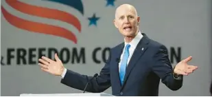  ?? FILE ?? U.S. Sen. Rick Scott speaks during the Road to Majority convention at Gaylord Palms Resort& Convention Center in Kissimmee on June 18, 2021.