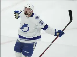  ?? NATHAN DENETTE — THE CANADIAN PRESS VIA AP ?? Tampa Bay forward Nicholas Paul celebrates his second goal of the game in the Lightning's 2-1win over Toronto on Saturday in Game 7of their first-round playoff series.