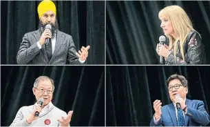  ??  ?? Clockwise from top left: NDP Leader Jagmeet Singh, People’s Party of Canada candidate Laura-Lynn Thompson, Conservati­ve candidate Jay Shin and Liberal candidate Richard Lee.