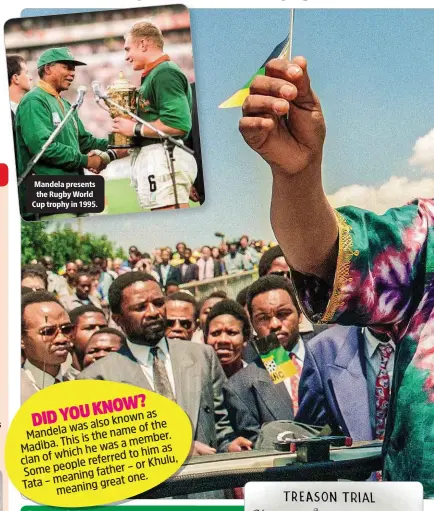  ??  ?? Mandela presents the Rugby World Cup trophy in 1995.