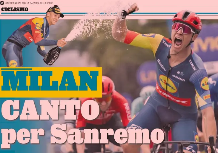  ?? BETTINI ?? Nuovo mondo
L’urlo di Jonathan Milan, 23 anni, nella volata di San Benedetto del Tronto: battuti Kristoff, Cimolai e Philipsen. In alto la festa del friulano, olimpionic­o della pista