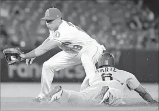  ?? John McCoy Getty Images ?? WILFREDO TOVAR receives the throw too late as Pittsburgh’s Starling Marte steals second, his 19th stolen base of the season, in the fourth inning at Angel Stadium.