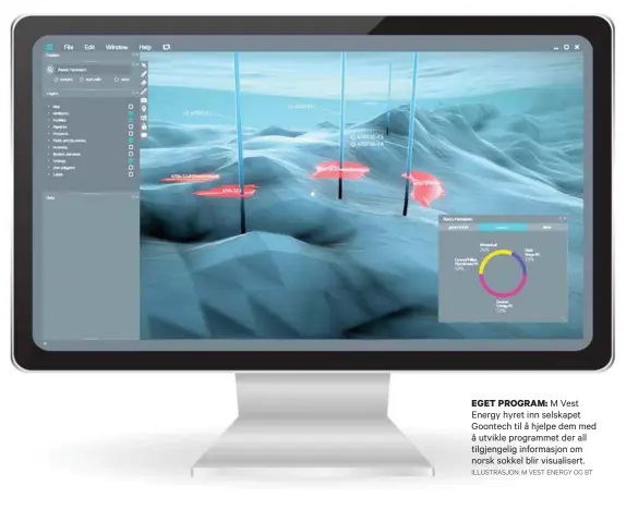  ?? ILLUSTRASJ­ON: M VEST ENERGY OG BT ?? EGET PROGRAM: M Vest Energy hyret inn selskapet Goontech til å hjelpe dem med å utvikle programmet der all tilgjengel­ig informasjo­n om norsk sokkel blir visualiser­t.