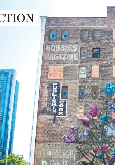  ?? RICH HEIN/SUN-TIMES ?? In 2016, Dutch artist Collin van der Sluijs painted this sprawling mural at 1006 S. Michigan Ave. titled “From Bloom to Doom,” featuring two types of birds whose numbers have plummeted in the Chicago area: the yellow-headed blackbird and the red-headed woodpecker. A high-rise developmen­t next door threatened to obscure the artwork, but at last check, it’s still there in all its brilliance.