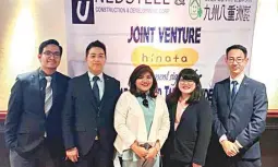  ??  ?? At the signing of the joint venture agreement between Kyushu Yaesu and NedSteel Constructi­on to form Hinata Housing Corp. From left: Atty. Karlon Pambid, CLO of AMAL; Hisao Nakashima, EVP of Kyushu Yaesu Co. Ltd.; Dinah Ilagan, COO of AMAL; Mary Ann...