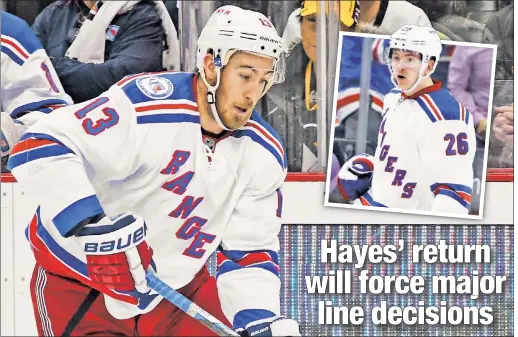  ?? Getty Images (2) ?? TRYING TO FIT IN: Kevin Hayes, who could be back in the lineup on Tuesday. will likely join the Blueshirts’ third line, leaving the role of rookie Jimmy Vesey (inset) to be determined by coach Alain Vigneault.