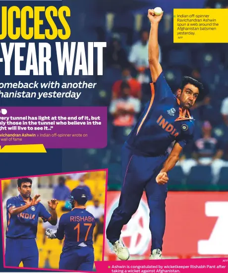 ?? AFP ?? ■ Indian off-spinner Ravichandr­an Ashwin spun a web around the Afghanista­n batsmen yesterday.