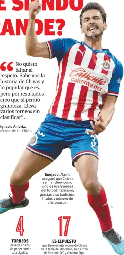  ?? EFE ?? Enojado. Alanís aseguró que Chivas se mantiene como uno de los Grandes del futbol mexicano, gracias a su tradición, títulos y número de aficionado­s.