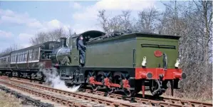  ?? JOHN TOLSON/ TRANSPORT TREASURY ?? The ‘Sea Dog!’ Coupled to the tender belonging to SECR ‘C’
No. 592, the even more hybrid ‘Dukedog’ rolls into Sheffield Park on April 7 1973.