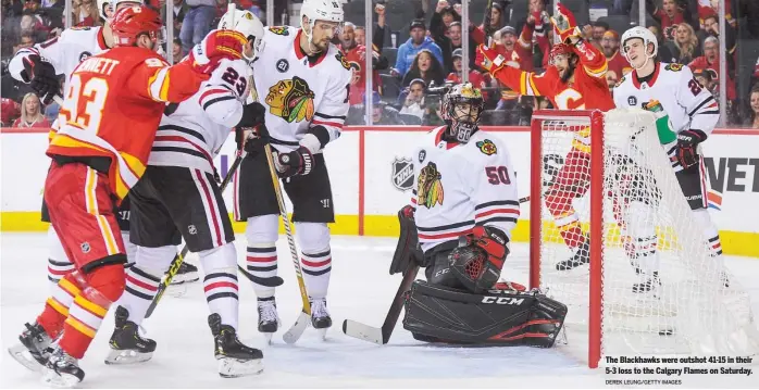  ?? DEREK LEUNG/GETTY IMAGES ?? The Blackhawks were outshot 41-15 in their 5-3 loss to the Calgary Flames on Saturday.