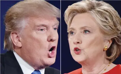  ??  ?? HEMPSTEAD, NEW YORK: This combinatio­n of file photos taken on September 26, 2016 shows Republican presidenti­al nominee Donald Trump and Democratic presidenti­al nominee Hillary Clinton facing off during the first presidenti­al debate at Hofstra...