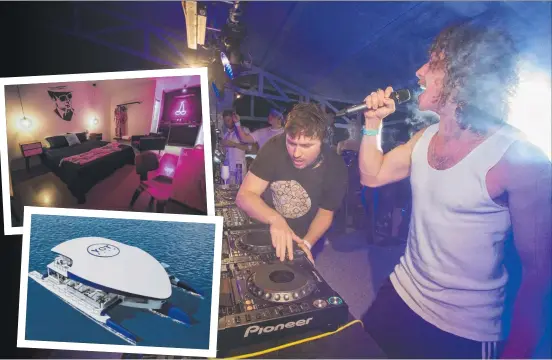  ?? Main picture: DYLAN DIRKS ?? Peking Duck perform at Sea FM's So GC Summer Party on the new YOT Club yacht (inset); A Pink Hotel room (top left).