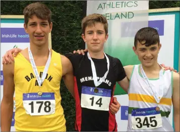  ??  ?? Adam Leahy (Menapians, centre), winner of the Under-16 high jump. He also won bronze in the 100m.