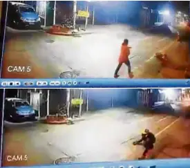  ?? —SCREENSHOT­S COURTESY OFMANILAPO­LICE DISTRICT ?? CCTV camera footage shows Reynaldo Lee Jr.’s mother (upper photo) chasing him after he storms out of their house following an argument. Lee is later shot by PO1Gester Versoza whom he attacked with a knife.