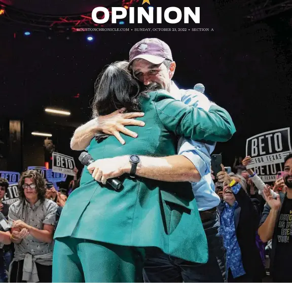  ?? Photos by Jon Shapley/Staff photograph­er ?? Top: Democratic gubernator­ial candidate Beto O’Rourke hugs Democratic state attorney general candidate Rochelle Garza during a rally Tuesday in Houston. Above, O’Rourke and Garza take a selfie with “Hamilton” composer Lin-Manuel Miranda.