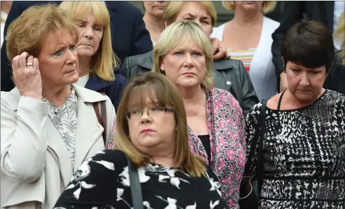  ??  ?? ANGRY: Frances Perks, centre, with fellow victims outside Nottingham Crown Court. They had told how they had been left scarred and disfigured. Picture: Joe Giddens/PA Wire