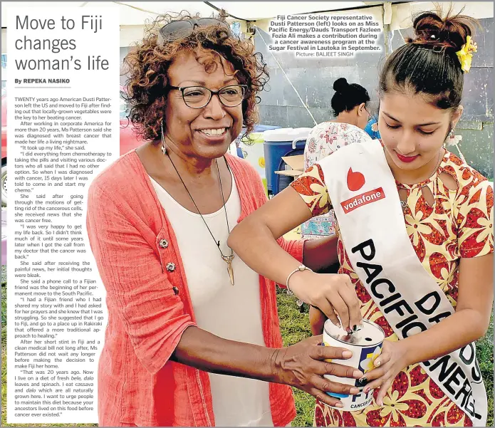  ?? Picture: BALJEET SINGH ?? Fiji Cancer Society representa­tive Dusti Patterson (left) looks on as Miss Pacific Energy/Dauds Transport Fazleen Fozia Ali makes a contributi­on during a cancer awareness program at the Sugar Festival in Lautoka in September.