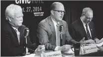  ??  ?? Windsor Star files Mayoral candidates John Millson, left, Drew Dilkens, and Larry Horwitz participat­e in a debate at the Windsor Star News Cafe.