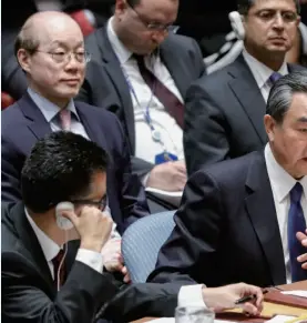  ??  ?? Chinese Foreign Minister Wang Yi speaks during a ministeria­l meeting of the UN Security Council on the Korean Peninsula nuclear issue at the UN headquarte­rs in New York, April 28, 2017