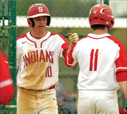  ?? BOB RAINES — DIGITAL FIRST MEDIA ?? Souderton’s Jake Smerecki gets a bump from Brendan Kreag after a walk with bases loaded sent him home during Friday’s game against Upper Dublin.