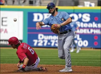  ?? CHRIS O’MEARA/ASSOCIATED PRESS ?? Playing second base, one of his many positions, the Rays’ Charlie Culberson (right) forces out the Phillies’ Bryson Stott and throws to first to complete a double play.
Culberson, then with the Braves, signs an autograph for a father and daughter before Game 3 of the National League Division Series against the Cardinals on Oct. 6, 2019, at Busch Stadium in St. Louis.