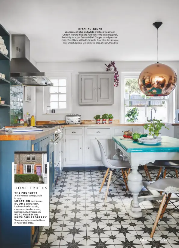  ??  ?? KITCHEN-DINER
A scheme of blue and white creates a fresh feel.
Units in Inchyra Blue and Purbeck Stone estate eggshell, both £64 for 2.5ltr, Farrow & Ball. Copper round pendant, £295, Tom Dixon at Heal’s. Scintilla floor tiles, £22.63sq m, Tiles Direct. Special Green metro tiles, £1 each, Milagros