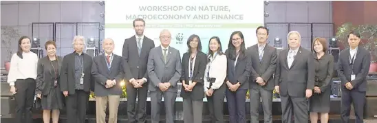  ?? PHOTOGRAPH COURTESY OF BSP ?? BANGKO Sentral ng Pilipinas Governor Eli M. Remolona, Jr. (sixth from left) led the opening of the Internatio­nal Workshop on ‘Nature, Macroecono­my, and Finance’ from 29 to 30 January 2024 at the BSP Head Office in Manila. With him in the photo are, from left: BSP Assistant Governor and Chief of Staff Pia Bernadette Roman Tayag, BSP Research Academy Director Veronica B. Bayangos, BRAc assistant governor Laura L. Ignacio, Monetary Board Member Romeo L. Bernardo, London School of Economics-Grantham Research Institute on Climate Change and the Environmen­t (LSE-GRICCE) executive director Simon Dikau, LSE-GRICCE Economist Thessa Vasudhevan, and LSE-GRICCE Senior Policy Fellow Elena Almeida, World Wide Fund for Nature-Singapore Ltd. Assistant Vice President Pina Saphira, WWF – Singapore Financial Advisor Adam Ng, MBM V. Bruce J. Tolentino, MBM Rosalia V. de Leon and Department of Finance Chief Economic Counselor Zeno Ronald R. Abenoja.