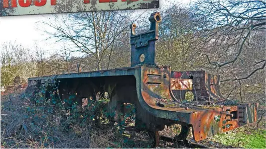  ?? JOHN HUNT ?? Gradually becoming engulfed by brambles, the frames of Maunsell ‘S15’ 4-6-0 No. 841 rest by the headshunt south of Grosmont shed on February 25. The only fitting still attached is the remains of the reverser.