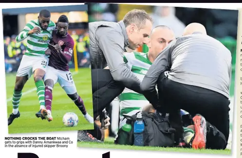  ??  ?? NOTHING CROCKS THE BOAT Ntcham gets to grips with Danny Amankwaa and Co in the absence of injured skipper Broony