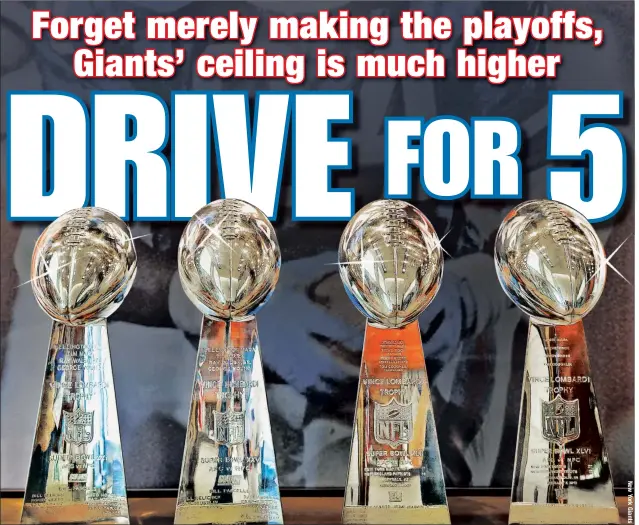  ??  ?? Since Ben McAdoo took over as Giants’ coach, he has let his team know the goal is to add a fifth Lombardi Trophy to be placed next to the first four (above), which are housed at the team’s headquarte­rs in East Rutherford. That goal is coming into focus.