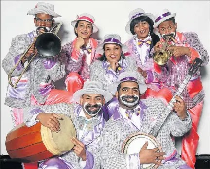  ??  ?? MINSTREL MAGIC: Kaapse Jol musicians, back from left, Brandon Adams, Sumaya Hendricks, Zurayda Abrahams, Ruth Knight, Abdulla Jacobs and front, Moebien Cloete, Zayboedien Abrahams