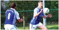  ??  ?? Action shots from home side Naomh Abán versus Kerry’s Lios Póil at the Comórtas Peile na Gaeltachta last weekend in Baile Bhúirne.