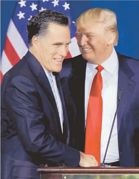  ?? AP PHOTO ?? PARTY PALS: Former Massachuse­tts Gov. Mitt Romney might be the political linchpin President Trump needs in the U.S. Senate to bring moderates and conservati­ves together to fulfill his agenda.