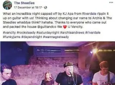  ?? SCREENSHOT/THE STEADIES/FACEBOOK ?? Saskatoon band The Steadies had the opportunit­y to jam out with Netflix royalty earlier this month.