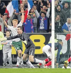  ?? Picture: PA. ?? Republic of Ireland goalkeeper Shay Given appeals for handball after Thierry Henry (behind the net) set up William Gallas’s winning goal during the Fifa 2010 World Cup Qualifying PlayOff at the Stade de France in November 2009.