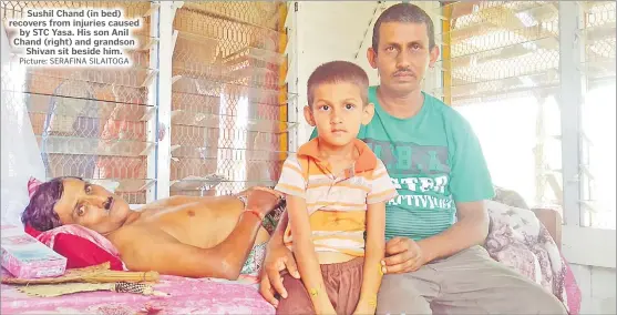  ?? Picture: SERAFINA SILAITOGA ?? Sushil Chand (in bed) recovers from injuries caused by STC Yasa. His son Anil Chand (right) and grandson Shivan sit beside him.