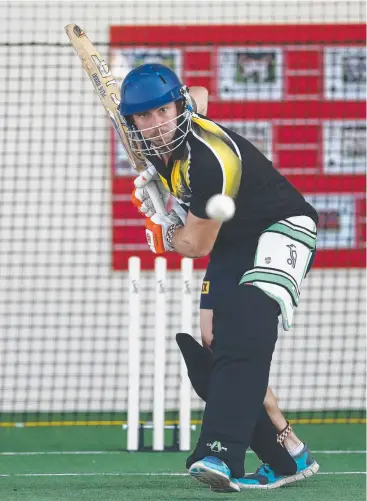  ?? Picture: BRENDAN RADKE ?? FRONT FOOT: Far North Fusion representa­tive Angus Warnock gets his eye in ahead of the annual Bulls Masters Country T20 Challenge in Mackay.