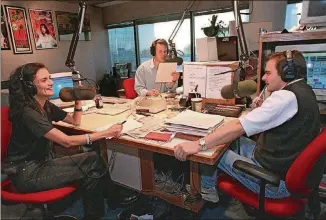  ?? AJC FILE PHOTO ?? The original “Morning X” team on 99X in 1996: Leslie Fram (from left), Steve Barnes and Jimmy Baron. The trio will be back for a reunion show Thursday morning on 99X (at 98.9 FM).