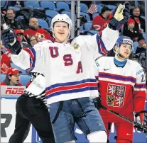  ?? AP PHOTO ?? United States forward Brady Tkachuk celebrates a goal during bronze medal game against the Czech Republic at the world junior hockey championsh­ip in Buffalo, N.Y., on Jan. 30.