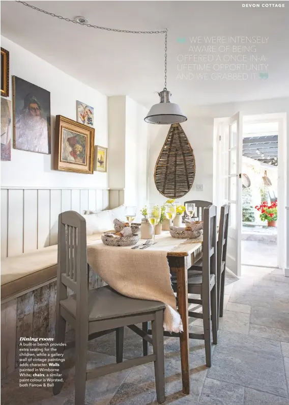  ??  ?? Dining room
A built-in bench provides extra seating for the children, while a gallery wall of vintage paintings adds character. Walls painted in Wimborne White; chairs, a similar paint colour is Worsted, both Farrow & Ball