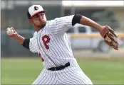  ??  ?? Portervill­e College's Andrew Vivanco pitches Tuesday. The Pirates will return home against the Reedley Tigers on Saturday, after traveling to Reedley on Thursday.