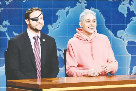  ?? WILL HEATH/NBC ?? Dan Crenshaw, left, and Pete Davidson made nice on SNL on Nov. 10, 2018, a week after the comedian mocked Crenshaw’s eye patch.