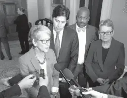  ?? Associated Press ?? California state Sen. Hannah-Beth Jackson, D-Santa Barbara, left, talks to reporters accompanie­d by Senate President Pro Tem Kevin de Leon, D-Los Angeles, second from left; Sen. Isadore Hall III, D-Compton, third from and left and Sen. Loni Hancock,...