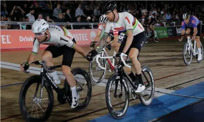  ??  ?? Mark Cavendish (left) and Bradley Wiggins, seen here together at the Six Day London meeting inOctober 2016. Photograph: Tom Jenkins/ The Guardian