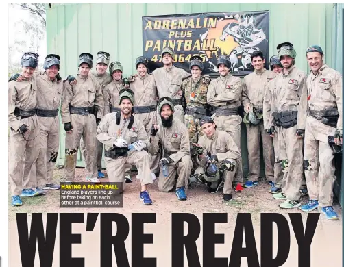  ??  ?? HAVING A PAINT-BALL England players line up before taking on each other at a paintball course