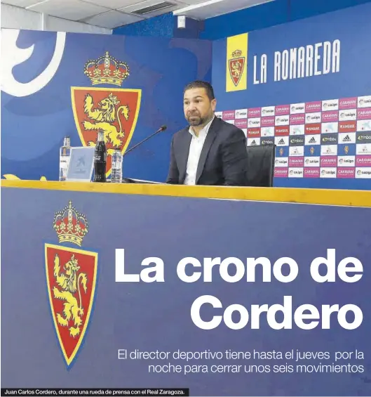  ?? ANDREEA VORNICU ?? Juan Carlos Cordero, durante una rueda de prensa con el Real Zaragoza.