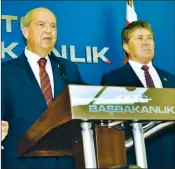  ?? ?? President Ersin Tatar, flanked by PM Ünal Üstel, speaking to the media after briefing the Council of Ministers